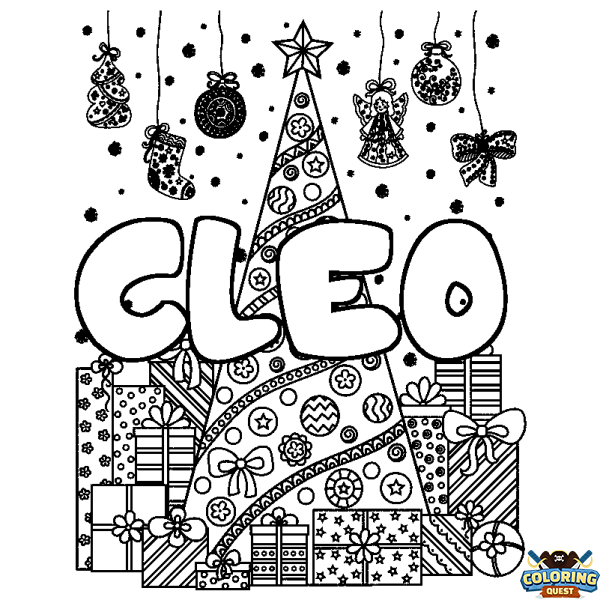 Coloring page first name CLEO - Christmas tree and presents background