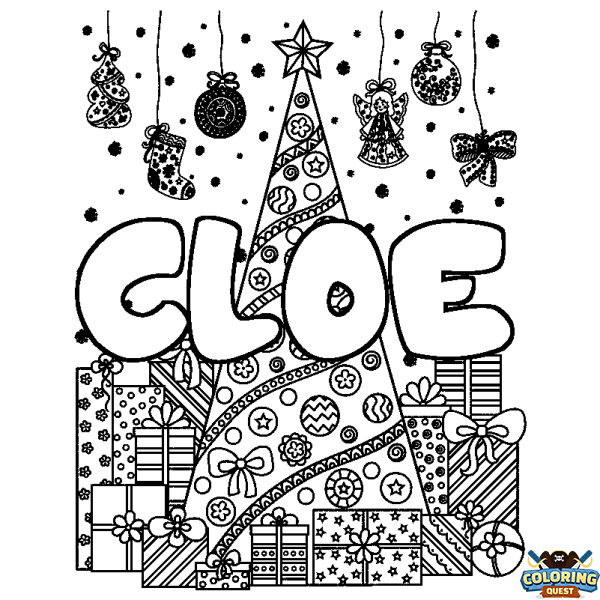 Coloring page first name CLOE - Christmas tree and presents background