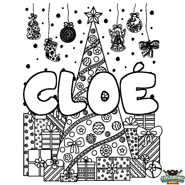 Coloring page first name CLO&Eacute; - Christmas tree and presents background