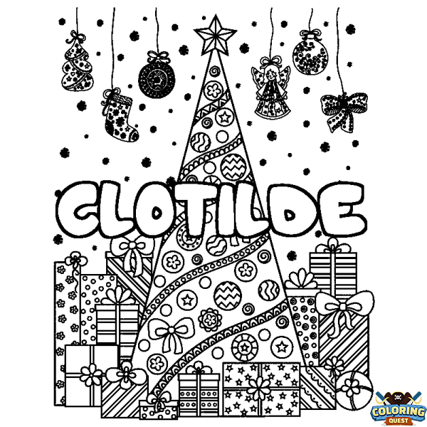 Coloring page first name CLOTILDE - Christmas tree and presents background