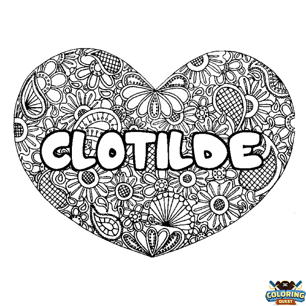 Coloring page first name CLOTILDE - Heart mandala background