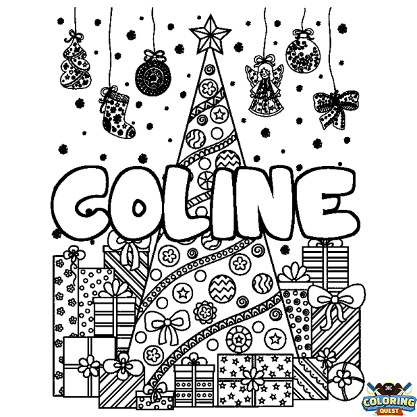 Coloring page first name COLINE - Christmas tree and presents background