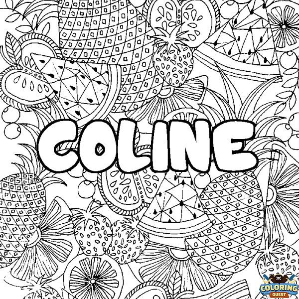 Coloring page first name COLINE - Fruits mandala background