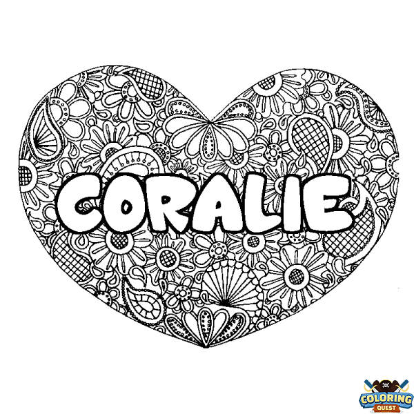 Coloring page first name CORALIE - Heart mandala background