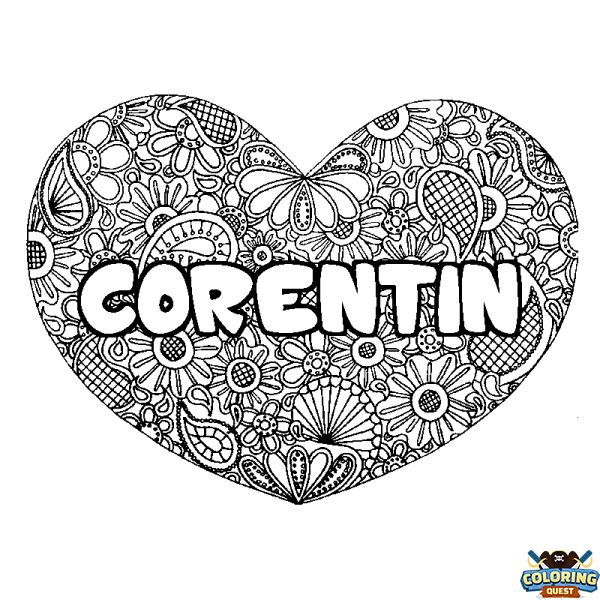 Coloring page first name CORENTIN - Heart mandala background