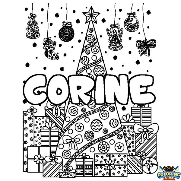 Coloring page first name CORINE - Christmas tree and presents background