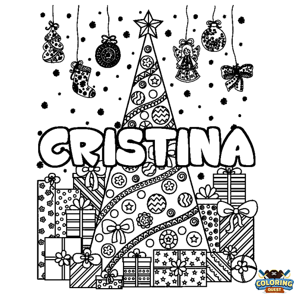 Coloring page first name CRISTINA - Christmas tree and presents background