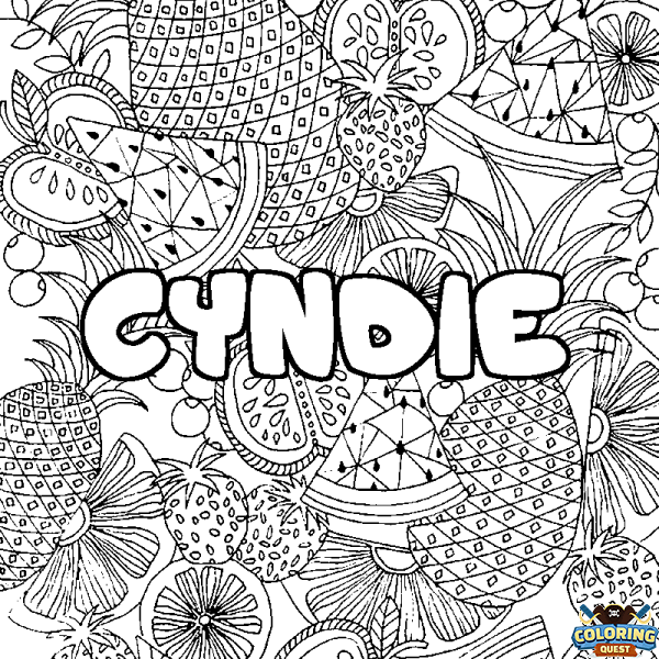 Coloring page first name CYNDIE - Fruits mandala background