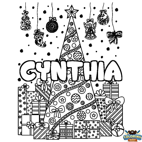 Coloring page first name CYNTHIA - Christmas tree and presents background