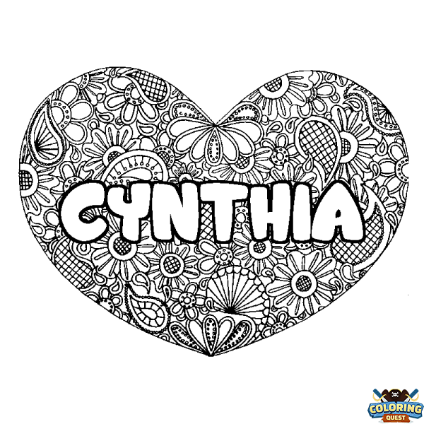 Coloring page first name CYNTHIA - Heart mandala background