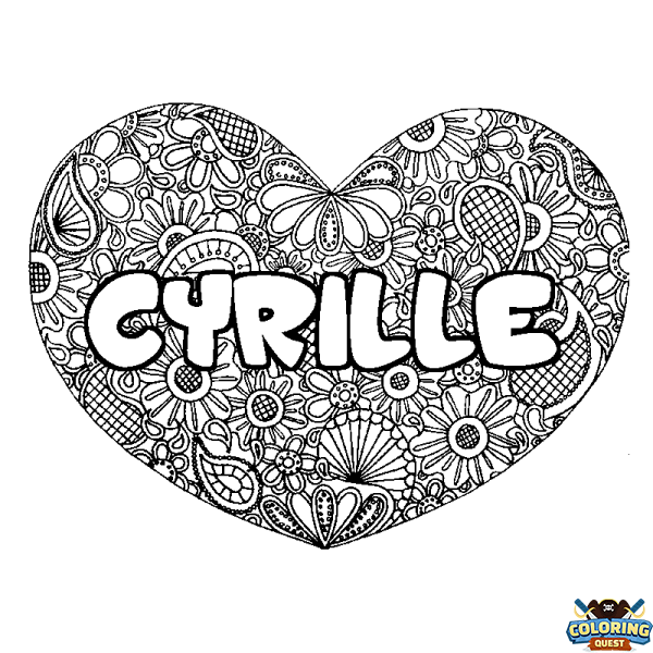 Coloring page first name CYRILLE - Heart mandala background