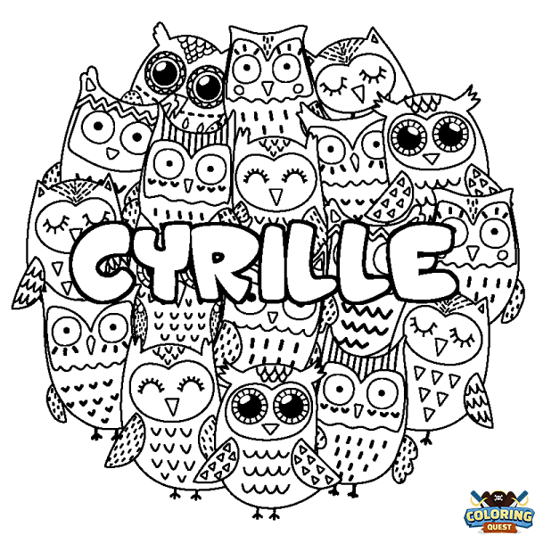 Coloring page first name CYRILLE - Owls background