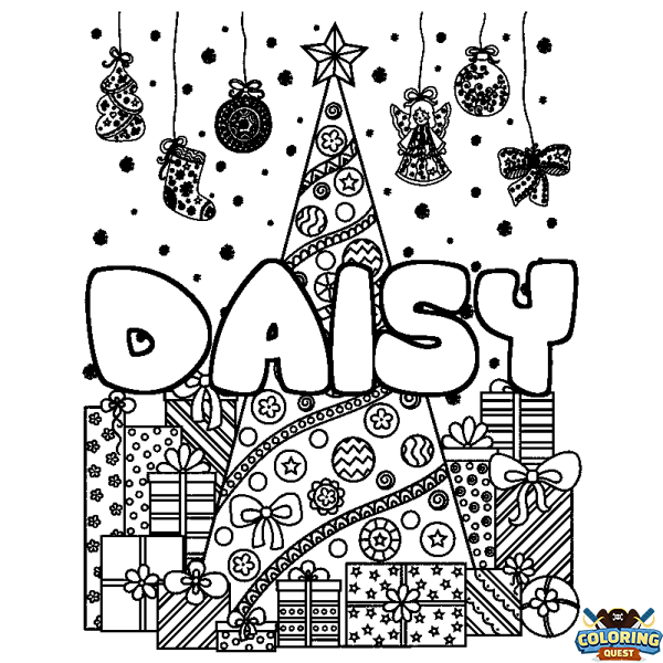 Coloring page first name DAISY - Christmas tree and presents background