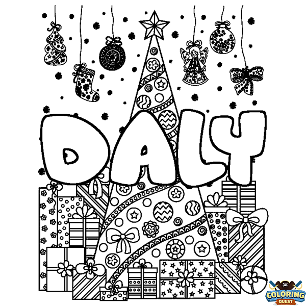 Coloring page first name DALY - Christmas tree and presents background