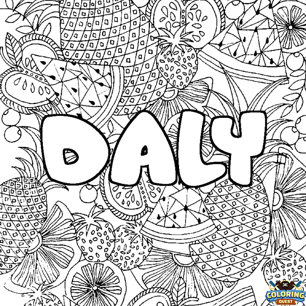 Coloring page first name DALY - Fruits mandala background