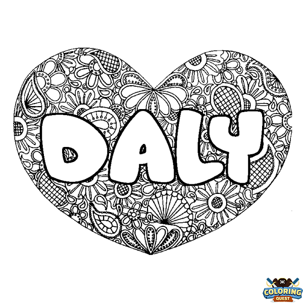 Coloring page first name DALY - Heart mandala background