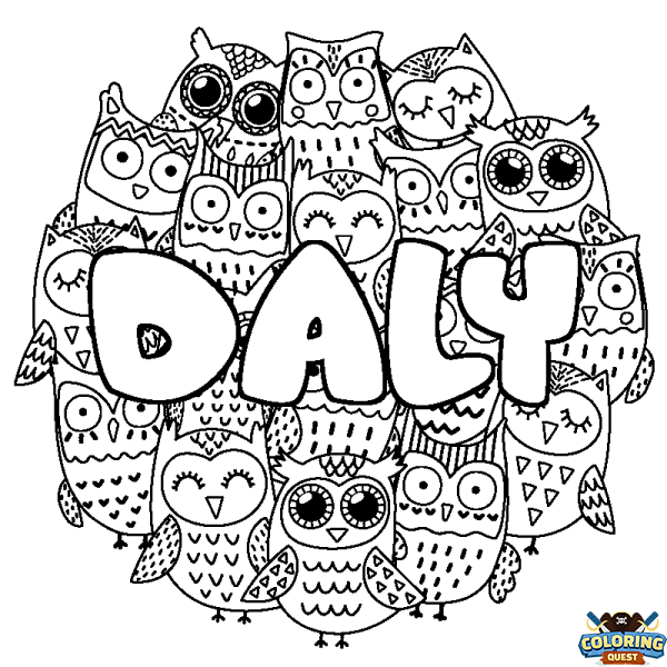 Coloring page first name DALY - Owls background