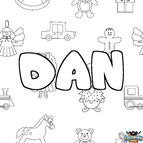 Coloring page first name DAN - Toys background