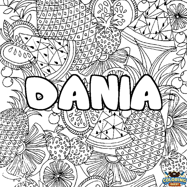 Coloring page first name DANIA - Fruits mandala background