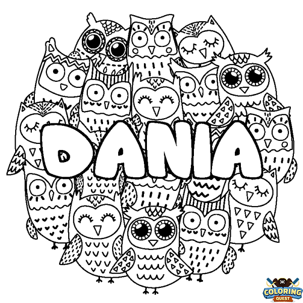 Coloring page first name DANIA - Owls background