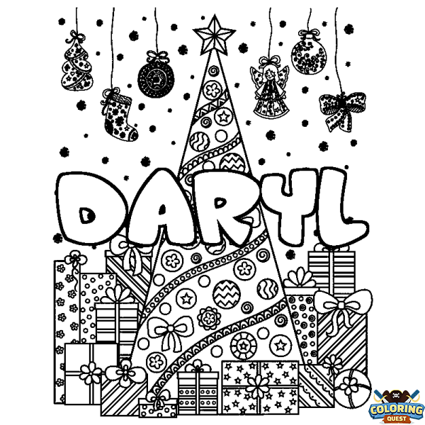 Coloring page first name DARYL - Christmas tree and presents background