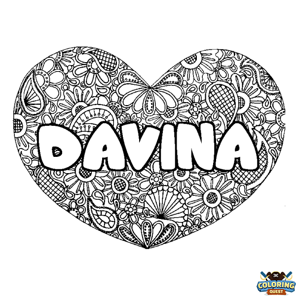 Coloring page first name DAVINA - Heart mandala background