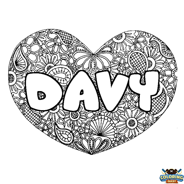 Coloring page first name DAVY - Heart mandala background