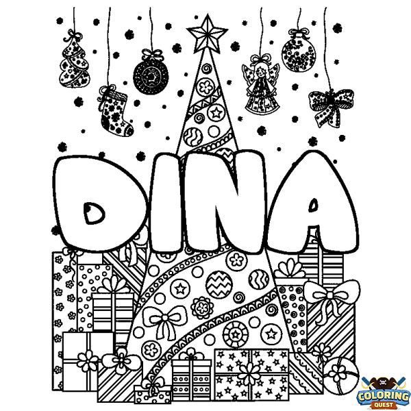 Coloring page first name DINA - Christmas tree and presents background