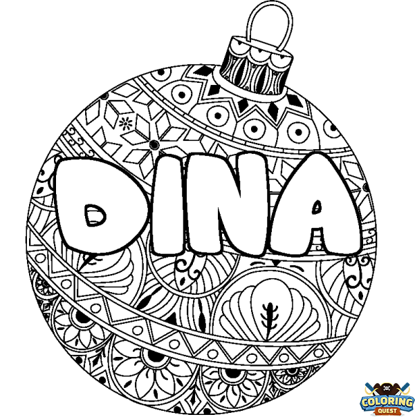 Coloring page first name DINA - Christmas tree bulb background