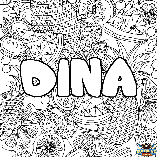 Coloring page first name DINA - Fruits mandala background