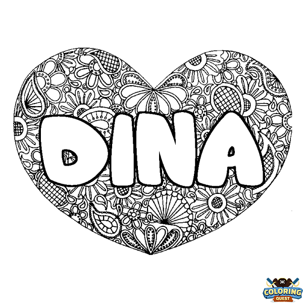 Coloring page first name DINA - Heart mandala background