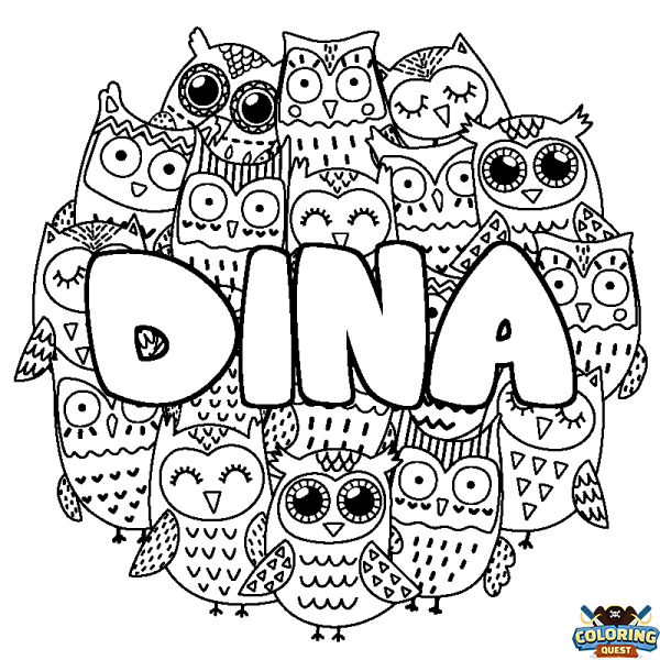 Coloring page first name DINA - Owls background