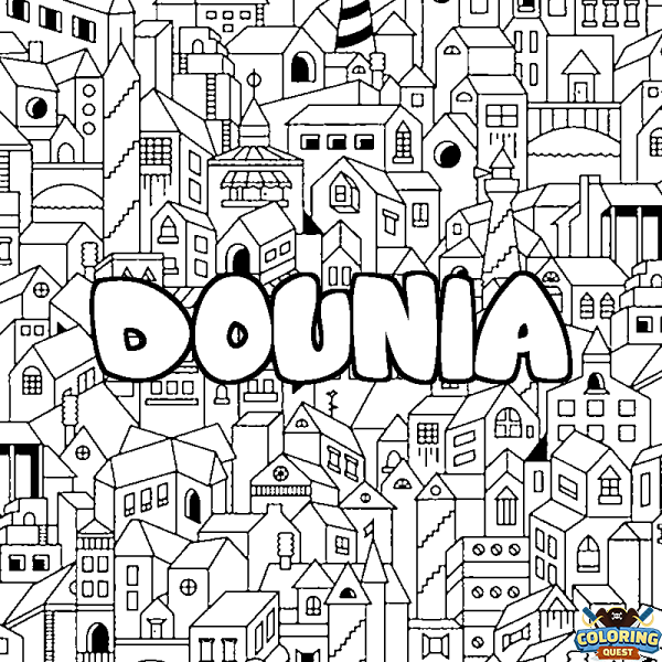 Coloring page first name DOUNIA - City background