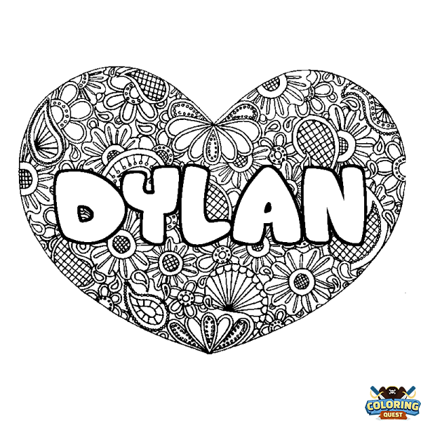 Coloring page first name DYLAN - Heart mandala background