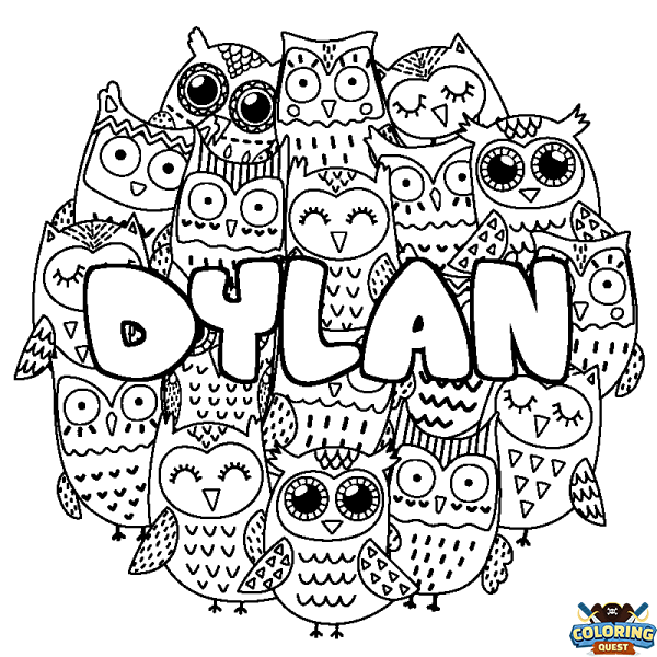 Coloring page first name DYLAN - Owls background