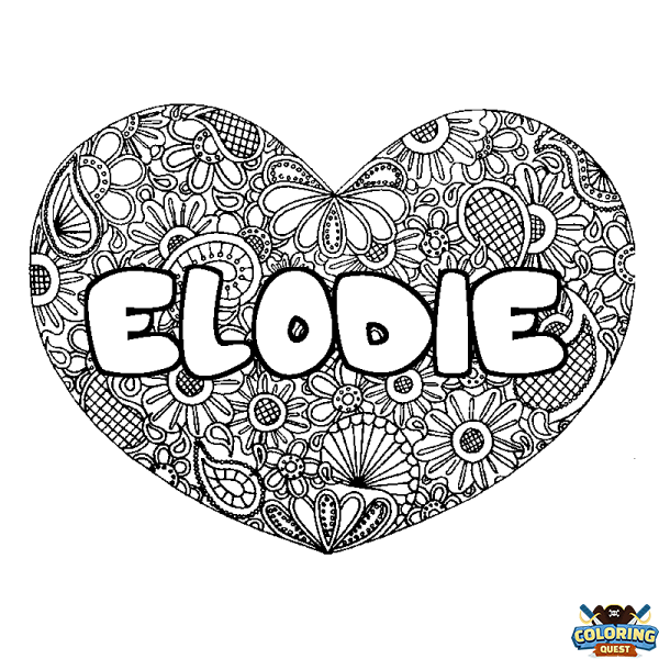 Coloring page first name ELODIE - Heart mandala background