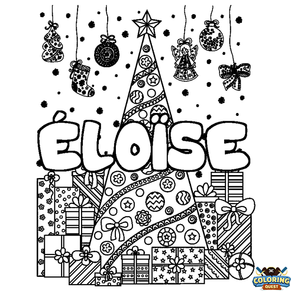 Coloring page first name &Eacute;LO&Iuml;SE - Christmas tree and presents background