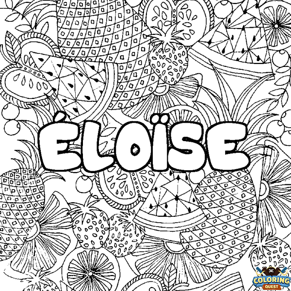 Coloring page first name &Eacute;LO&Iuml;SE - Fruits mandala background