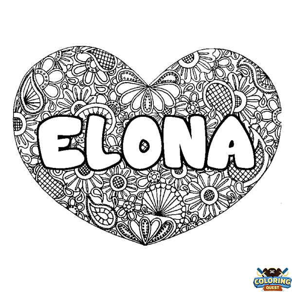 Coloring page first name ELONA - Heart mandala background