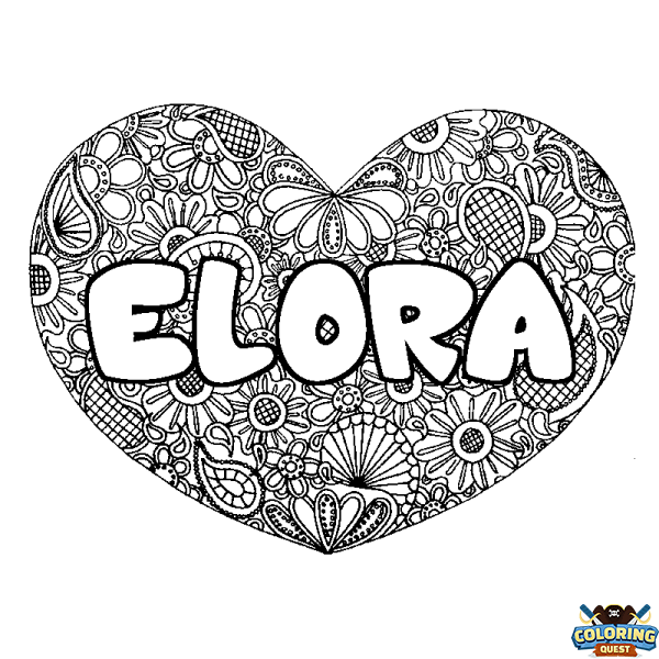 Coloring page first name ELORA - Heart mandala background