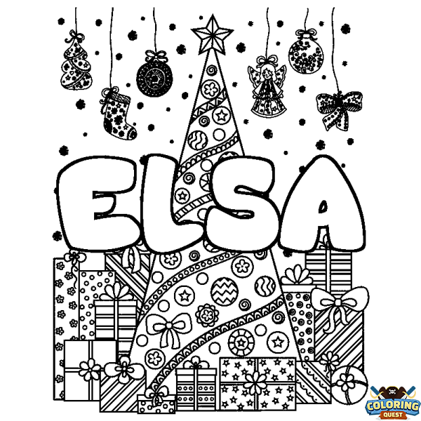 Coloring page first name ELSA - Christmas tree and presents background