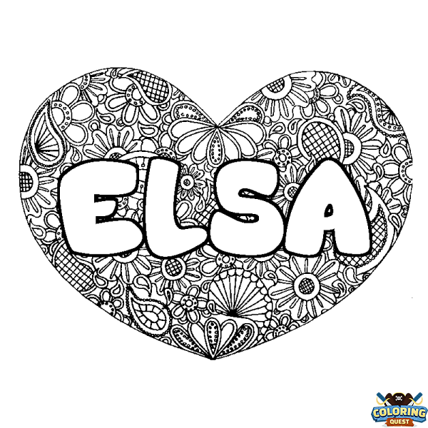 Coloring page first name ELSA - Heart mandala background