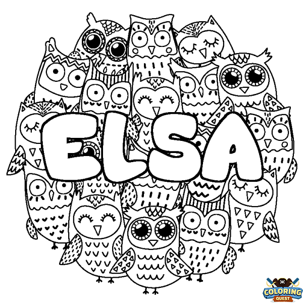 Coloring page first name ELSA - Owls background