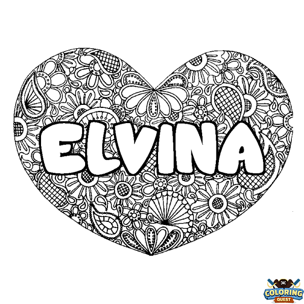 Coloring page first name ELVINA - Heart mandala background