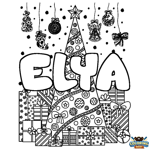 Coloring page first name ELYA - Christmas tree and presents background