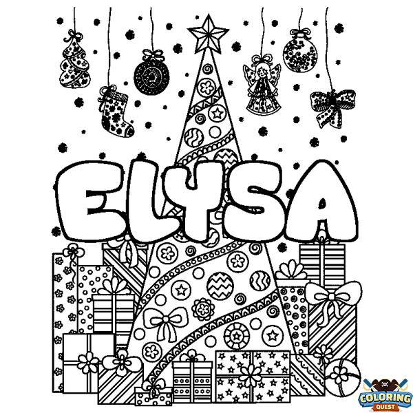 Coloring page first name ELYSA - Christmas tree and presents background