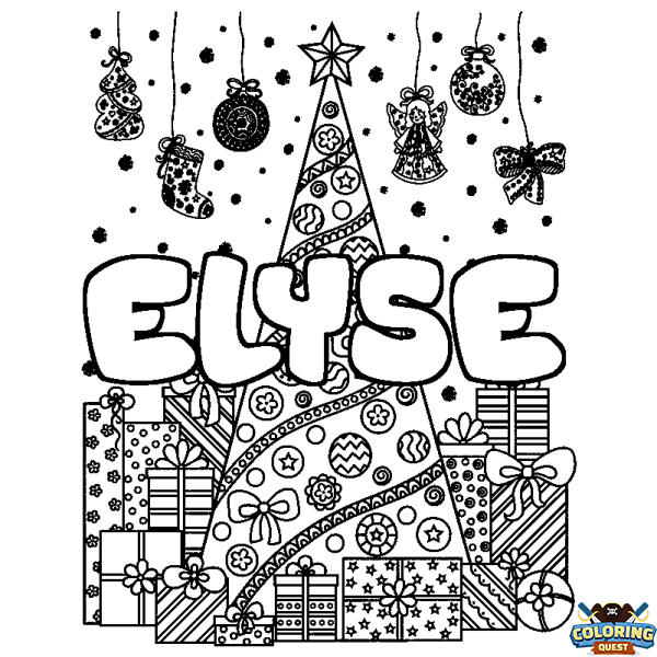 Coloring page first name ELYSE - Christmas tree and presents background