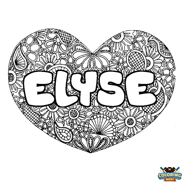 Coloring page first name ELYSE - Heart mandala background