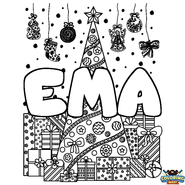 Coloring page first name EMA - Christmas tree and presents background