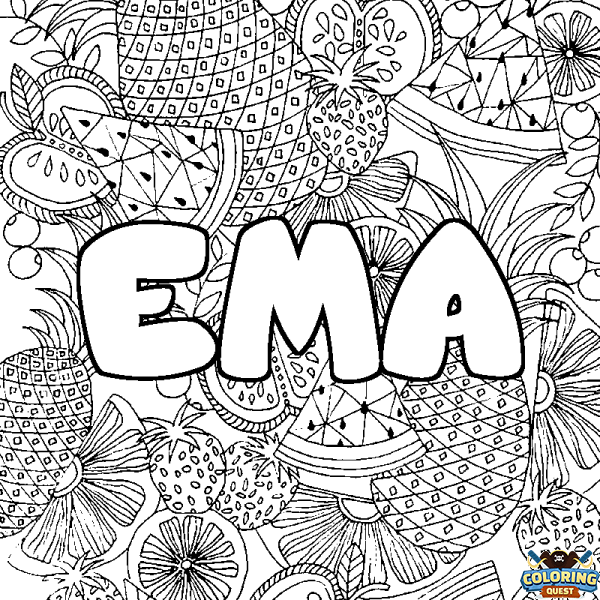 Coloring page first name EMA - Fruits mandala background